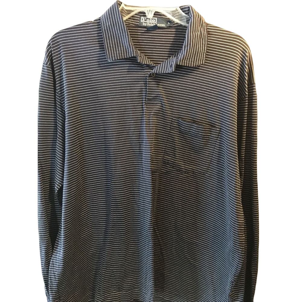 Polo Ralph Lauren Men’s L Navy Blue Striped Long Sleeve 1/4 Button Cotton Polo